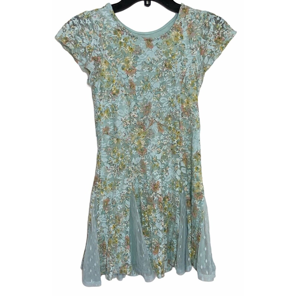 Lily Rose Lace Teal Floral Petal Ruffle Short Sleeves Dress Girls Sz 10